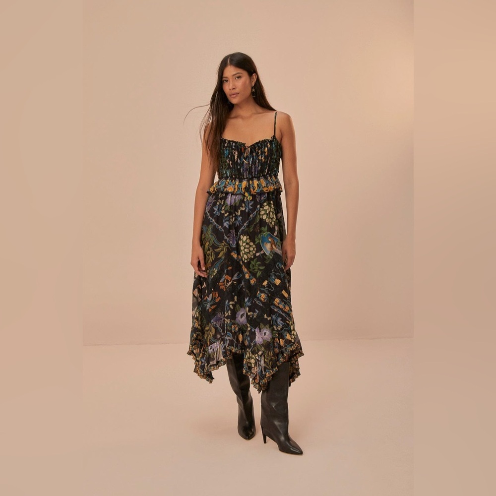 Farm Rio Winter Garden Black Pleated Lace Sleeveless Midi Dress Size Small NWT